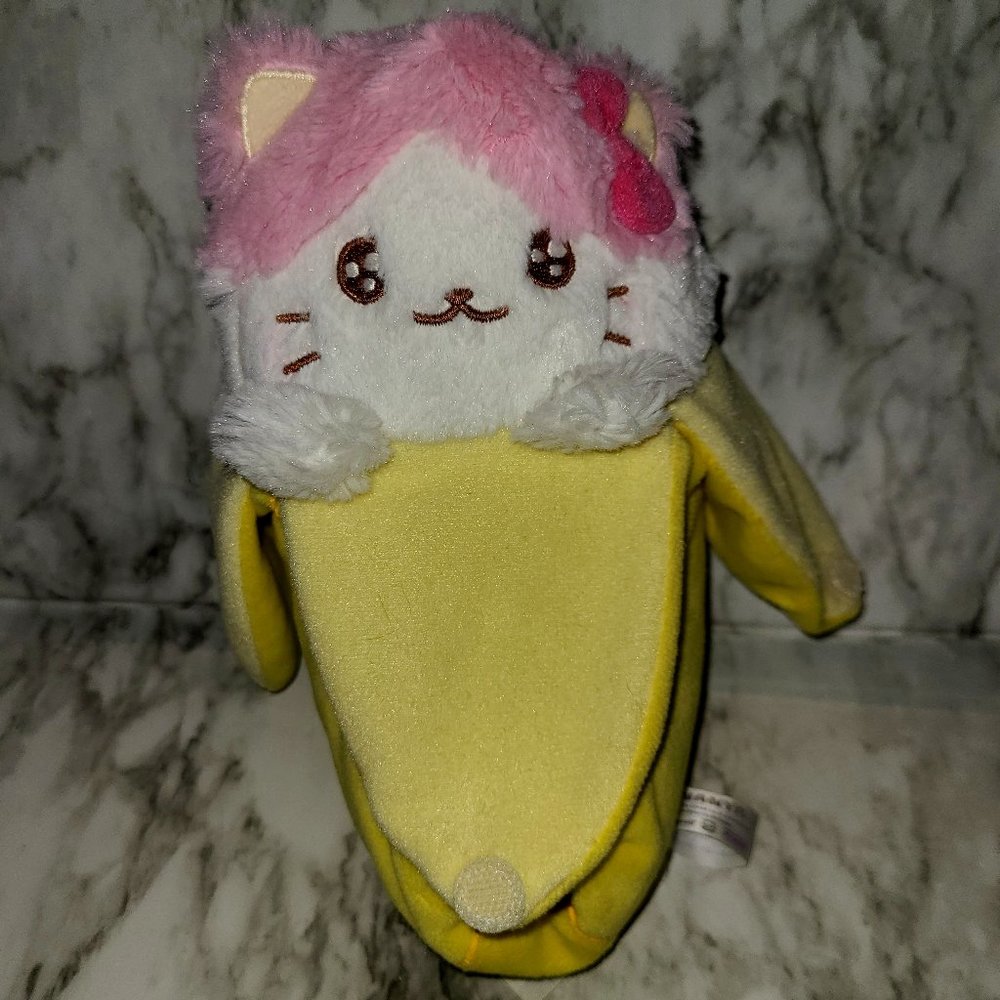 Bananya Pink White Cat Bow Plush, Bananyako